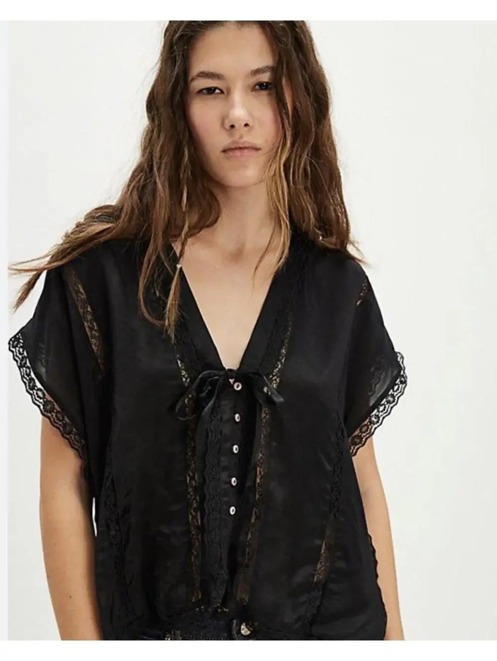 Free People Intimately Marigold Shine Lace Front Tie Blouse, Women's XS, NWOT